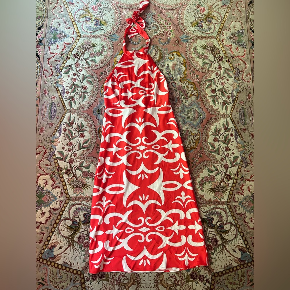 Joie Silky Halter Top Red and White Printed Midi Dress Womens L